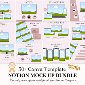 Op de afbeelding: Een set van 50+ Canva-sjablonen voor Notion-mockups. De sjablonen bevatten een verscheidenheid aan apparaten, waaronder laptops, tablets en telefoons, allemaal met een groene en blauwe landschapsachtergrond. De tekst "50+ Canva Template Notion Mock Up Bundle" wordt vetgedrukt weergegeven, samen met de tagline "The only mock up you need for all your Notion Template".