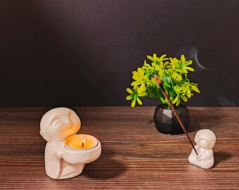 Set of 2 Buddhist Monk Candle Holders & Incense Stand – Zen Spiritual Decor Gift.