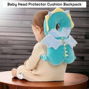 May include: A blue and yellow dragon-shaped baby head protector cushion backpack. The backpack has a hole for the baby's head to go through and wings on the back.