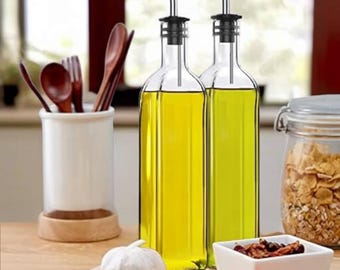 Olive Oil Dispenser Bottle Set – 2 Pack Glass Oil and Vinegar Dispensers with Stainless Steel Pourers, Funnel & Labels (17oz Each)
