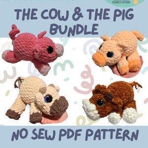 May include: A crochet pattern bundle featuring four plush animals: a pink pig, an orange pig, a tan cow, and a brown cow. The image includes the text "Pint-Sized Pals" and "The Cow & The Pig Bundle". The pattern is described as a "No Sew Crochet Pattern".