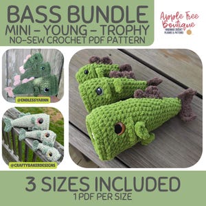May include: A Bass Bundle crochet PDF pattern featuring three sizes of plush fish. The green crocheted fish have dark brown fins and tails, with large black and brown eyes. The text reads BASS BUNDLE MINI - YOUNG - TROPHY NO-SEW CROCHET PDF PATTERN.