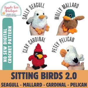 May include: Crochet patterns for four different sitting birds: a seagull, a mallard, a cardinal, and a pelican. The patterns are called "Sitting Birds 2.0".