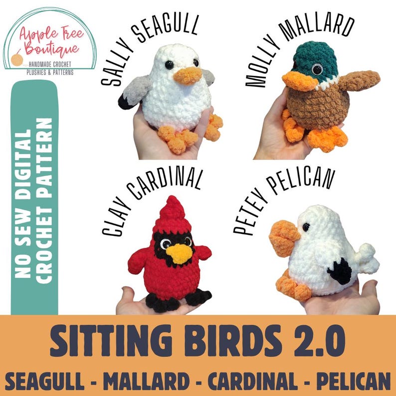 K&ouml;nnte beinhalten: H&auml;kelanleitungen f&uuml;r vier verschiedene sitzende V&ouml;gel: eine M&ouml;we, eine Stockente, einen Kardinal und einen Pelikan. Die Anleitungen hei&szlig;en "Sitting Birds 2.0".