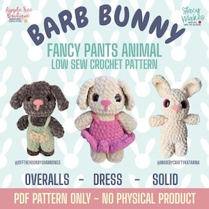 May include: Image of three crochet bunny patterns. The bunnies are in different styles: overalls, dress, and solid. The text on the image says "Barb Bunny Fancy Pants Animal Low Sew Crochet Pattern". The image also states "PDF Pattern Only - No Physical Product".