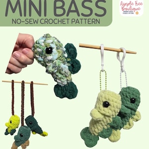 Puede incluir: Imagen de un patrón de ganchillo para un mini bajo. La imagen muestra varios peces de ganchillo en tonos verdes, amarillos y marrones. El texto "MINI BASS" y "NO-SEW CROCHET PATTERN" se muestra en la parte superior de la imagen.