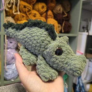May include: A crochet plush toy shaped like a crocodile, crafted from soft sage green yarn with a textured surface. The creature features a dark forest green spine, a long tail, and large, round, glossy brown eyes set into the head.