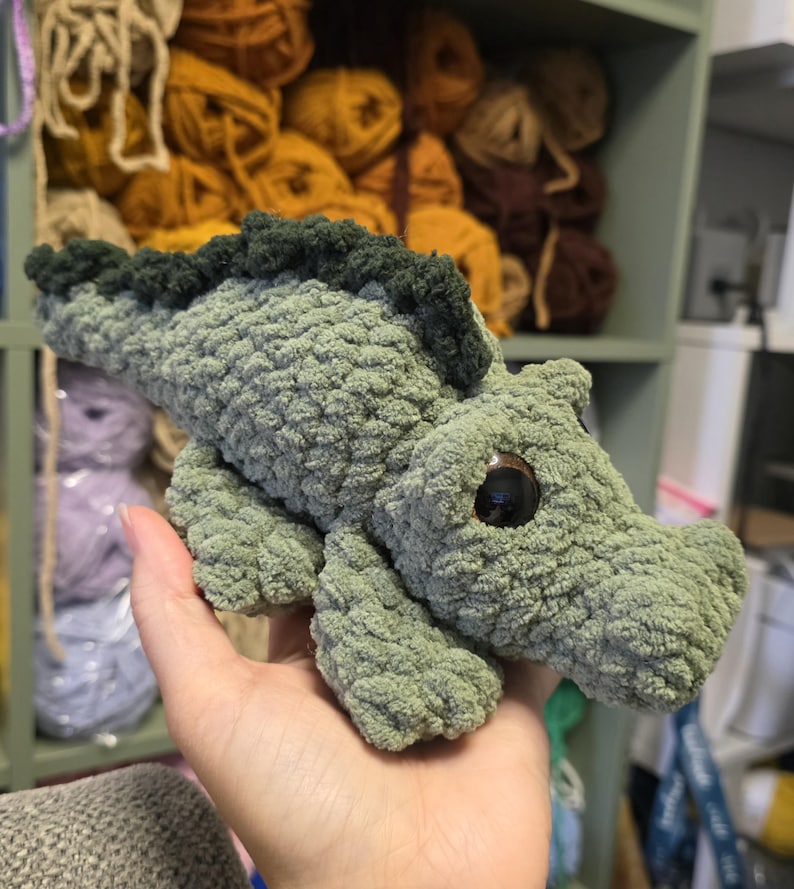 May include: A crochet plush toy shaped like a crocodile, crafted from soft sage green yarn with a textured surface. The creature features a dark forest green spine, a long tail, and large, round, glossy brown eyes set into the head.