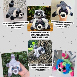 Op de afbeelding: Een collage getiteld TESTER APPRECIATION met zes gehaakte wasbeerknuffels in verschillende kleuren en maten. Elke afbeelding bevat social media namen, garenmerken en oogmaten vari&euml;rend van 16 mm tot 25 mm. De knuffels hebben grote plastic ogen.