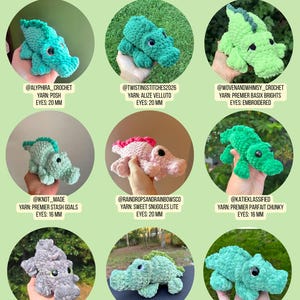 May include: A collage titled TESTER APPRECIATION featuring nine circular images of crocheted alligator plushies in various colors and yarn types. Each image includes the creator's handle, yarn brand, and eye size, ranging from 16 mm to 20 mm.