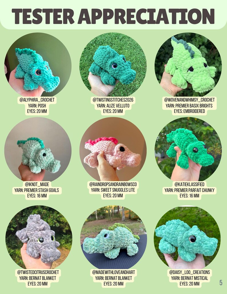 May include: A collage titled TESTER APPRECIATION featuring nine circular images of crocheted alligator plushies in various colors and yarn types. Each image includes the creator's handle, yarn brand, and eye size, ranging from 16 mm to 20 mm.