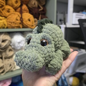 May include: A small, sage green crocheted plush toy shaped like a crocodile. The creature features a textured, yarn-based surface, a dark green dorsal ridge, and large, round, glossy brown eyes with black pupils that reflect light.