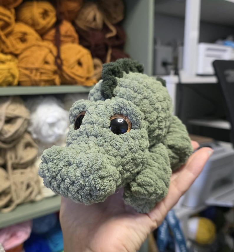 May include: A small, sage green crocheted plush toy shaped like a crocodile. The creature features a textured, yarn-based surface, a dark green dorsal ridge, and large, round, glossy brown eyes with black pupils that reflect light.