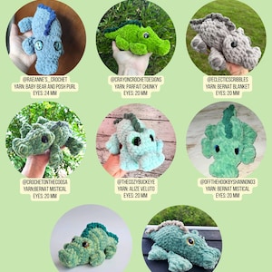 May include: A collection of eight crocheted plush alligator toys in various shades of blue, green, and gray. Each toy features a textured yarn body, a dorsal ridge, and plastic safety eyes ranging from 18 mm to 24 mm in size, displayed in circular frames.