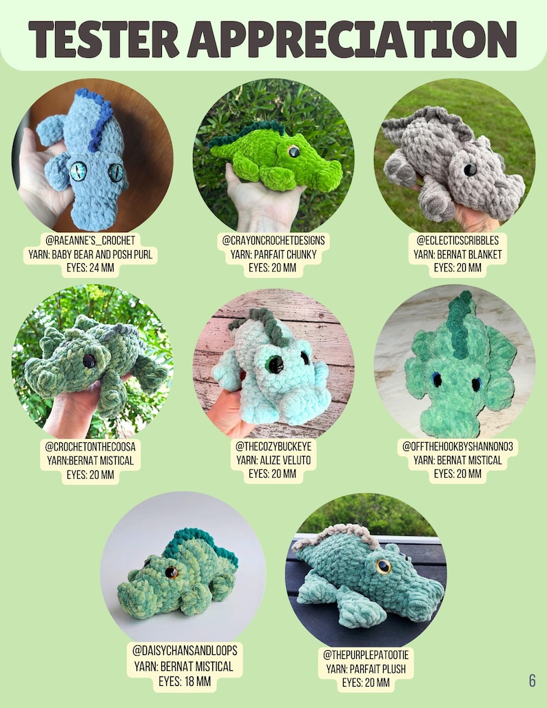 May include: A collection of eight crocheted plush alligator toys in various shades of blue, green, and gray. Each toy features a textured yarn body, a dorsal ridge, and plastic safety eyes ranging from 18 mm to 24 mm in size, displayed in circular frames.