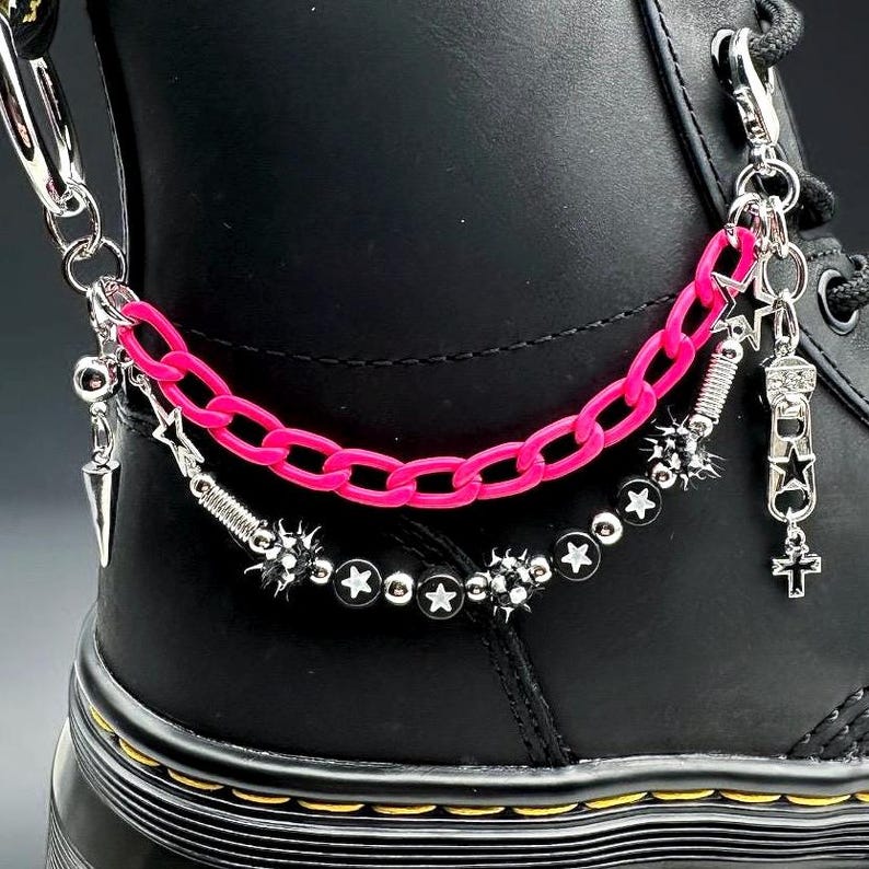 Hot Pink Boot Chain Charm, Punk Boot Jewelry, Spike Bead Chain, Zipper ...
