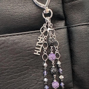 Faith Cross Beaded Bag Charm – Christian Keychain with Heart Clip, Purple Black Goth Religious Accessory