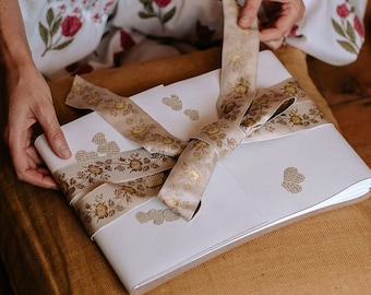 Luxury Wedding Guest Book: White Leather, Silk Floral Ribbon & Olive Green stitching. Heirloom quality bridal gift A4 large hand bound in UK