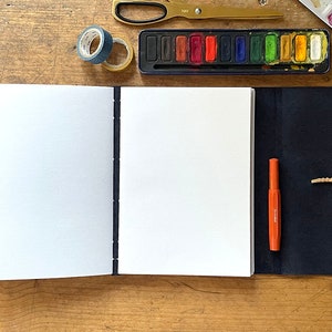 Inside pages of a Navy Blue sketchbook / art journal, showing its recycled cartridge pages. It is shown with watercolour paint palette, washi tape, brush, scissors and pen. It sits on a rustic wood surface.