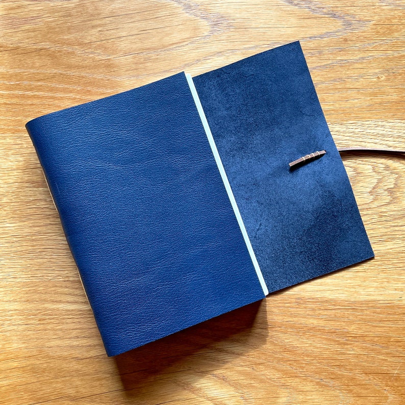 Medieval Leather Sketchbook: Navy Blue & Tan art journal, recycled lay flat cartridge pages. Luxurious quality artist gift. A5 8.5x6 inches image 3