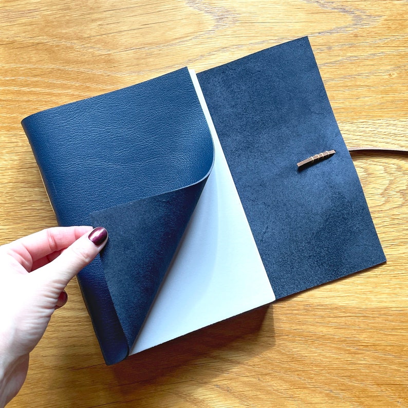 Medieval Leather Sketchbook: Navy Blue & Tan art journal, recycled lay flat cartridge pages. Luxurious quality artist gift. A5 8.5x6 inches image 4