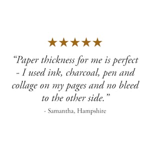 Cotton Rag Sketchbook 5 star review "Paper thickness is perfect - I used ink, charcoal, pen and collage on my pages and no bleed to the other side"