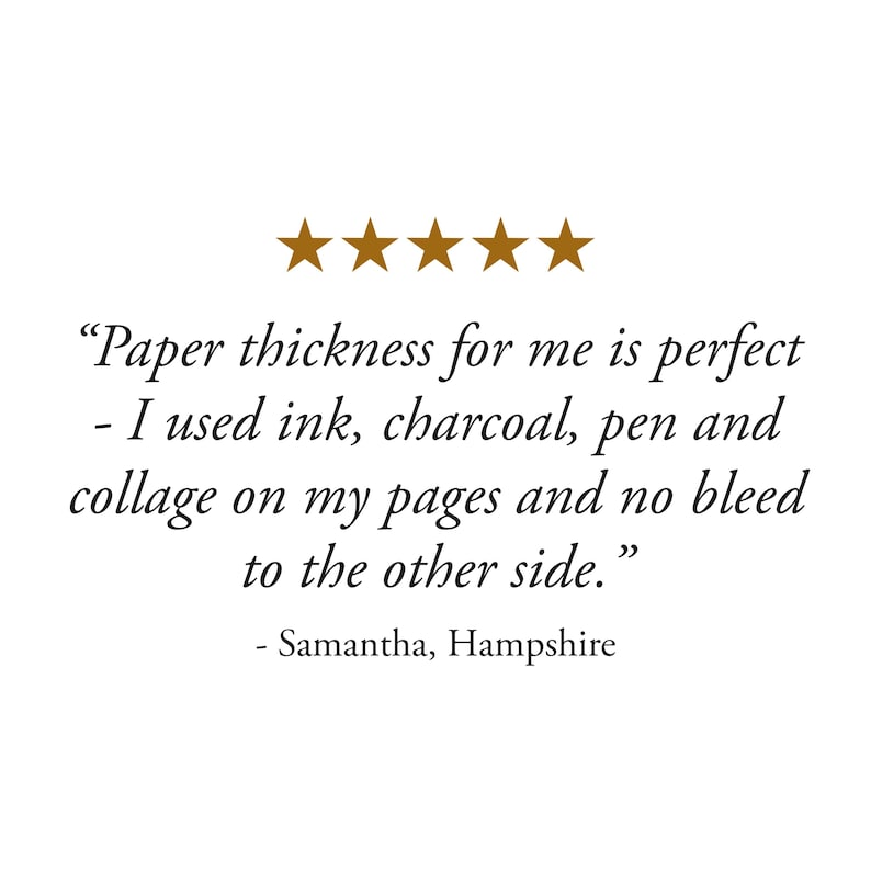 Cotton Rag Sketchbook 5 star review "Paper thickness is perfect - I used ink, charcoal, pen and collage on my pages and no bleed to the other side"