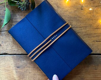 Medieval Leather Sketchbook: Navy Blue & Tan art journal, recycled lay flat cartridge pages. Luxurious quality artist gift. A5 8.5x6 inches