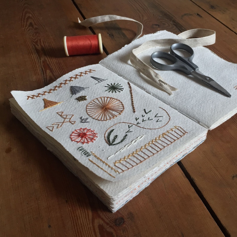 Open pages of cotton rag sketchbook with embroidery stitching samples made through the handmade khadi paper; a spool of thread and small scissors lie on the pages. The book rests on a warm wood surface.