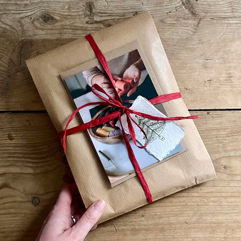 My handmade sketchbooks arrive ready to gift in sustainable packaging with a studio postcard and care sheet. You can either reuse, recycle or home compost all of the packaging, whichever you prefer, as it is all 100% biodegradable and eco friendly.