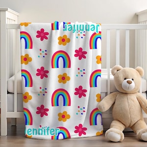 Cobertor de bebê arco-íris, cobertor personalizado, cobertor com nome de bebê Minky arco-íris, cobertor para menina, presente personalizado