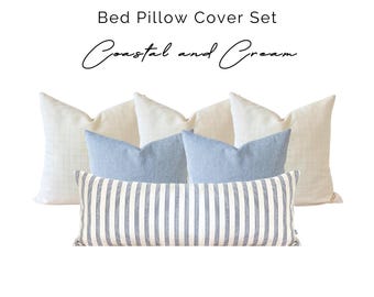 Coastal Pillow Cover Set for Bed, Coastal Blue Striped Long Bed Lumbar Pillow, Blue Cream Pillow, Coastal Oversize Kingbed Bed Lumbar Pillow