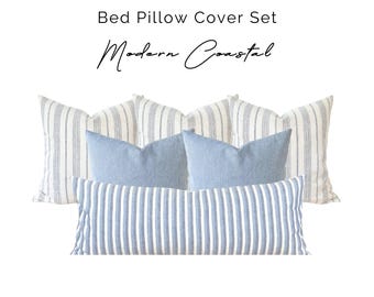 Coastal Blue Bed Pillow Cover Set, Coastal Blue Striped Linen Pillow Covers, Blue Linen Pillow, Modern Coastal Kingbed Long Lumbar Cover