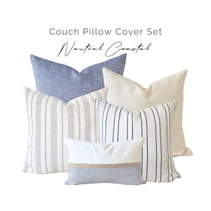 Küsten Dekokissen-Set: Blau Creme Leinen, Jute Lendenwirbel