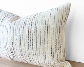 Striped Neutral Pillow Cover, Cream Striped Throw Pillow Cover, Textured Striped Cream Lumbar Pillow, Natural Linen, 12”x18”