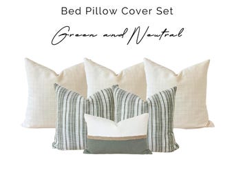 Green Pillow Cover Set for Bed, Green Cream Linen Bed Throw Pillow, Green Striped Linen KingBed Pillow, Sage Green Jute Striped Bed Lumbar