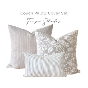 Beige Pillow Cover Set, Neutral Beige Linen Throw Pillow, Taupe Beige Pillow Combo, Taupe Floral Pillow, Textured Striped Neutral Lumbar