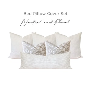 Neutral Bed Pillow Cover Set, Beige Striped Long Lumbar, Taupe Floral Pillow, Beige Textured Oversize Queen Bed Lumbar, Kingbed Long Pillow