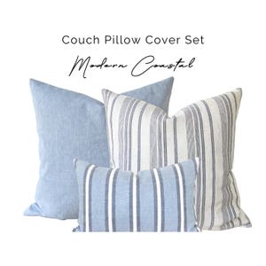 Parure de taie d'oreiller à rayures bleues, ensemble de coussins en lin bleus, coussin en lin à rayures bleues, housses de coussin en lin bleu