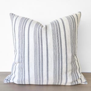 Striped Neutral Coastal Pillow Cover, Blue Striped Ivory Throw Pillow, Neutral Coastal Throw Pillow, Blue Striped Ivory Natural Linen, 18x18