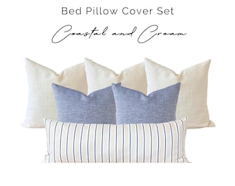 Coastal Blue Bed Pillow Cover Set, Coastal Striped Long Lumbar Bed Pillow Cover, Blue Cream Linen Pillow Set for Modern Coastal Kingbed