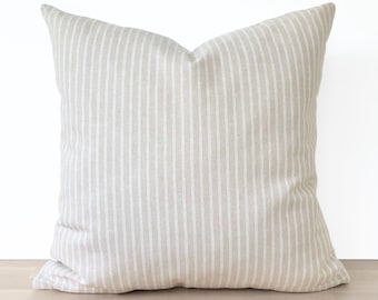 Funda de almohada a rayas beige, almohada de lino neutro, almohada a rayas beige y blancas, funda de almohada de lino natural a rayas color topo claro marfil 45x45 cm