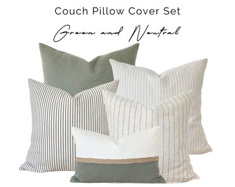 Green Striped Pillow Cover Set, Green and Neutral Striped Throw Pillow Cover, Neutral Striped Linen Pillow, Sage Green Jute Lumbar Cover