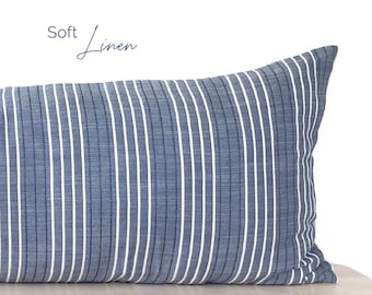 Blue Coastal Striped Bed Lumbar Pillow Cover, Navy Blue Striped Soft Linen Lumbar, Coastal Blue White King bed Long Throw Pillow, 14x36