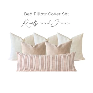 Bed Long Lumbar Pillow Cover Set, Striped Long Bed Pillow, Rusty Beige Bed Long Lumbar, Kingbed Neutral Oversize Throw Pillow, Natural Linen