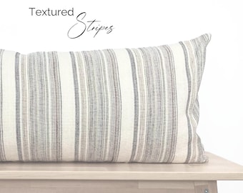 Long Lumbar Pillow Cover Bed, Striped Woven Textured Cotton Bed Long Throw Pillow Cover, Farmhouse Lumbar for King bed & Queen Bed, 14”x34”