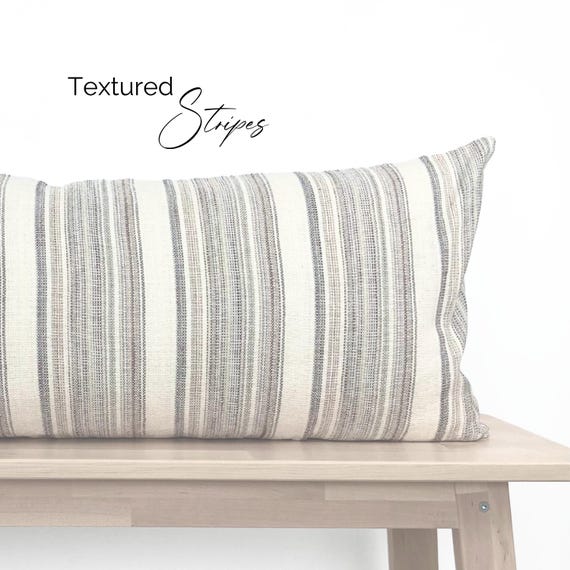 Long Lumbar Bed Pillow Cover, Striped Woven Textured Cotton Bed Long Throw Pillow Cover, Farmhouse Lumbar for King bed & Queen Bed, 14”x34”