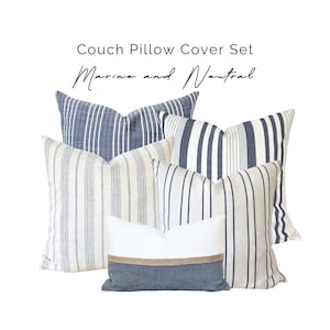 Coastal Blue Striped Throw Pillow Cover Set, Blue Cream Striped Coastal Pillow, Marine Blue Neutral Striped Linen Pillow, Jute Stripe Lumbar