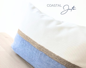 Coastal Blue Pillow Cover, Coastal Light Blue Throw Pillow, Blue and Neutral Beachhouse Lumbar, Jute Striped Pillow, Coastal Lumbar 12x18