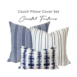 Coastal Blue Striped Pillow Cover Set, Blue Striped Linen Throw Pillow Covers, Coastal Blue Cream Striped Linen, Modern Coastal Pillow Cover